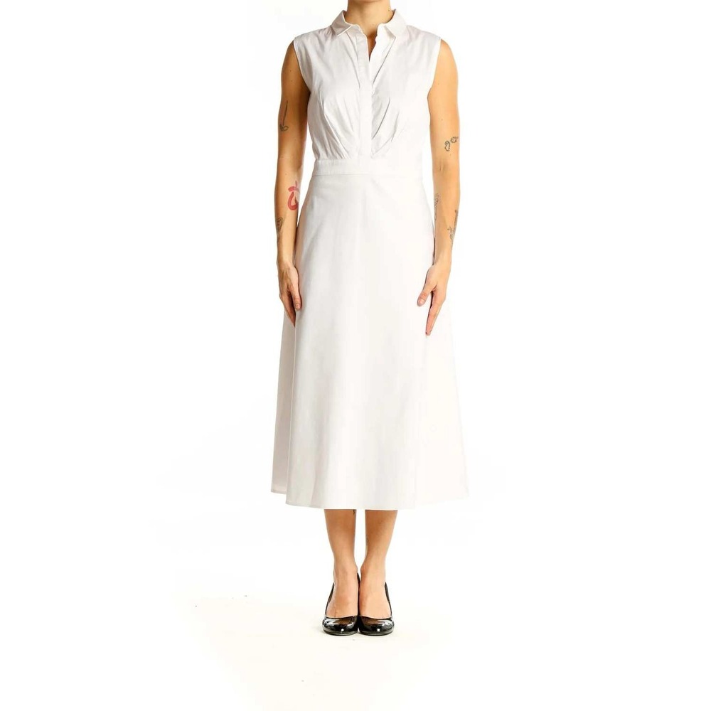 Lafayette‎ 148 Dress Women 2 White Sleeveless Pleated Cotton Blend Midi A-Line
